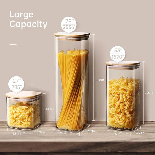 Square Glass Storage Jars with Bamboo Lid – Airtight Food Containers