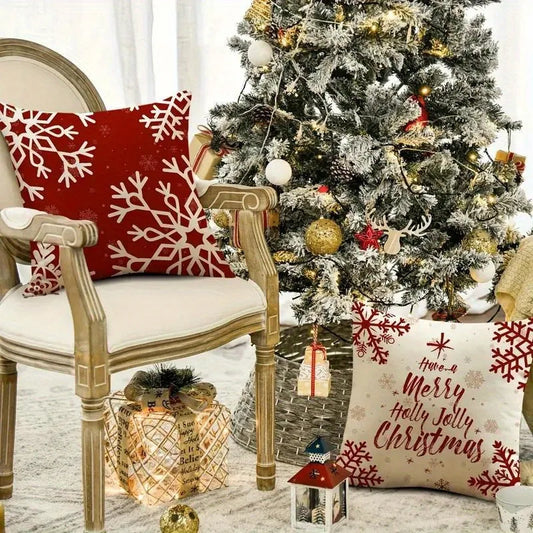 Set of Christmas Cushion Covers – Red & White Snowflake Pattern