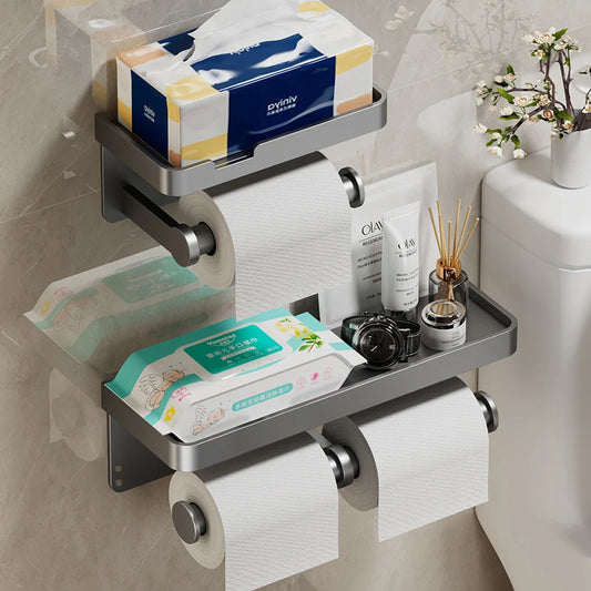Wall-Mounted Aluminium Toilet Paper Holder with Dual Roll Storage and Top Shelf