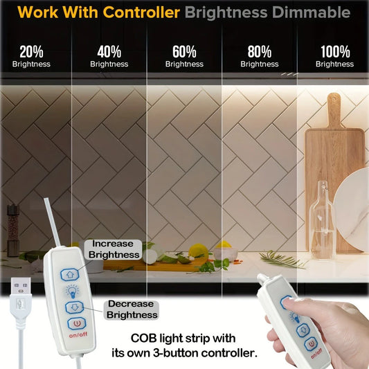 5V USB COB LED Strip Light with 3-Key Dimmer
