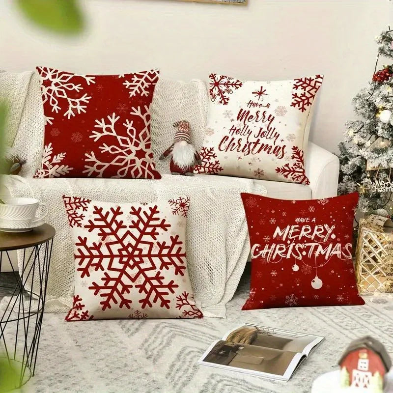 Set of Christmas Cushion Covers – Red & White Snowflake Pattern