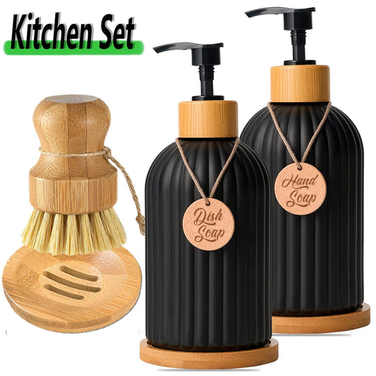 Kitchen & Bathroom Soap Dispenser Set with Bamboo Tray – Modern Refillable Bottles