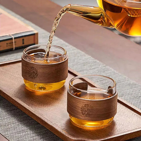 6pcs Heat-Resistant Glass Tea Cup Set with Wooden Holder