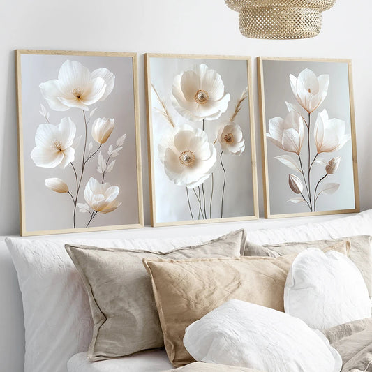 Beige Peony Canvas Wall Art – Nordic Floral Prints, Unframed Botanical Posters